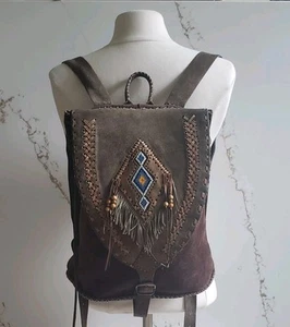 Vintage Native Navajo Rucksack Wildleder Fransen Perlen Electric Forest Pocahontas Tasche - Bild 1 von 9