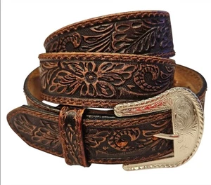 TONY LAMA Herren Leder Gürtel Gr. 44 Western braun verziert geblümt silberfarben 1,5"W - Bild 1 von 8