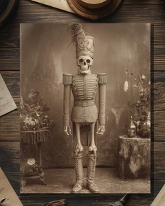 Vintage Victorian Creepy Skeleton Nutcracker Christmas Card Gothic 5x7 Blank - Picture 1 of 4