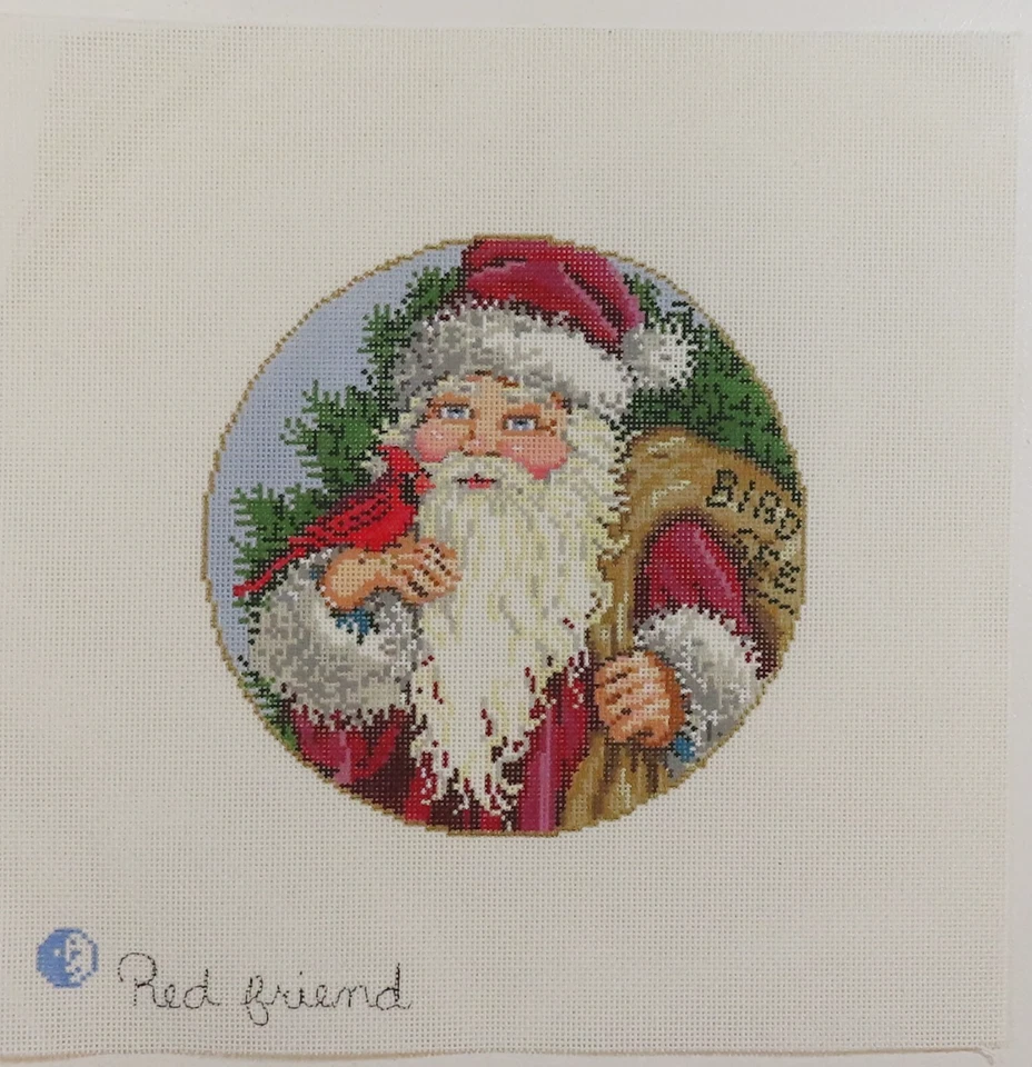 HANDPAINTED NEEDLEPOINT  - Santa with Cardinal by Sandra Gilmore (86) - Image 1 of 1