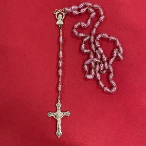 Pink Glass Beaded Silvertone Christian Catholic Rosary Bead Necklace - Picture 1 of 6