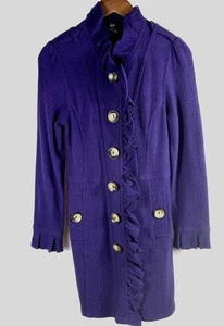 Luii Women's Size Med Deep Purple Ruffle Wool Sweater Coat Jacket Pockets - Picture 1 of 9