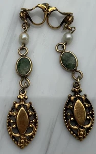 Vintage Jugendstil Halbedelstein grüner Stein Perlen Ohrhänger goldfarben Clip - Bild 1 von 3