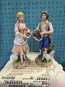 New ListingVintage Homco Young Man and Woman Picking Fruit Rooster and Duck Taiwan 10" Tall