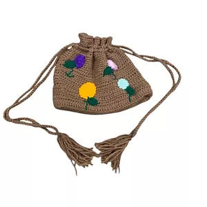 Handmade Crochet Floral Embroidered Bucket Bag With Tassles Boho Cottagecore - Picture 1 of 6