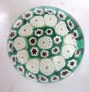 Millefiori Blown Glass Paperweight - Green Red & White - 3" Diameter - Picture 1 of 11