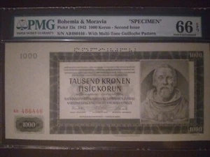 *(Rare)*, "Specimen", 1942, Bohemia & Moravia, 1000 Korun, 66 PMG, EPQ, Gem Unc. - Picture 1 of 5