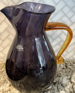 Large Blenko Handblown Glass Amethyst Pitcher Applied Amber Handle - Picture 1 of 7