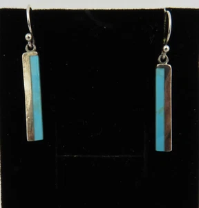 Orecchini pendenti in argento sterling 925 e turchese a barra modernariato filo goccia marcati - Foto 1 di 20