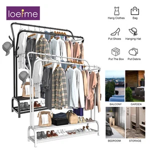 LOEFME Metall Doppelter Kleiderständer Garderobe Kleiderstange mit Schuhregal DE - Bild 1 von 19