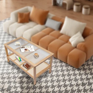 2 Tiers Wood Rectangle Coffee Table Glass Top Table Living Room Furniture Table - Picture 1 of 24