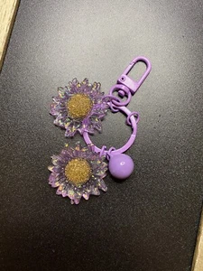 Sunflower keychain Purse Bag charm key fob with bell chain strap Purple - Picture 1 of 3