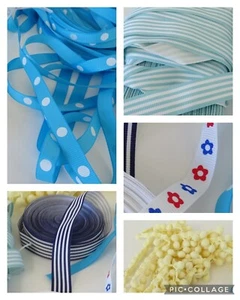 Job Lot Ribbon Bundle Grosgrain Blue Stripe  Polka Dot Pom Pom Trim Flower - Picture 1 of 8