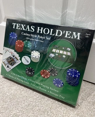 Texas Hold'Em Poker Set 150 Chips, 2x Card Deck, Felt Mat Brand New Sealed - Image 1 of 4