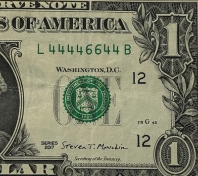 Binary Fancy Serial Number One Dollar Bill L44446644B FW Print Six of a Kind 4s - Image 1 of 4
