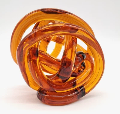 Vintage MCM Amber Blown Art Glass 4" Twisted Infinity Knot Sculpture Paperweight - Image 1 of 4