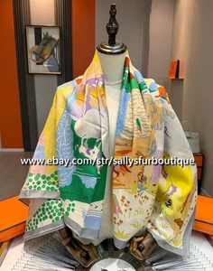 2025 Sallys 70% Cashmere & 30% Silk Animals Print Double Face Scarf Shawl 53" - Picture 1 of 93
