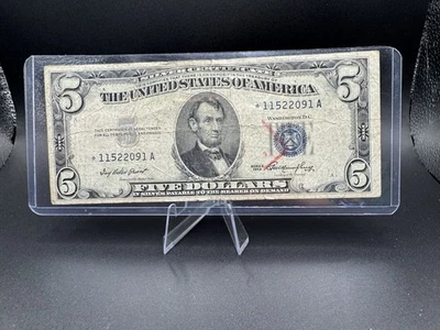 💙1953-A $5 Silver Certificate 💵 Blue Seal ⭐ Star Note • 11522091A • Circulated - Image 1 of 2