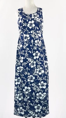 Hilo Hattie Vintage Maxi Hawaiian Dark Blue w/ White Hibiscus 100% Cotton Size 8 - Image 1 of 4