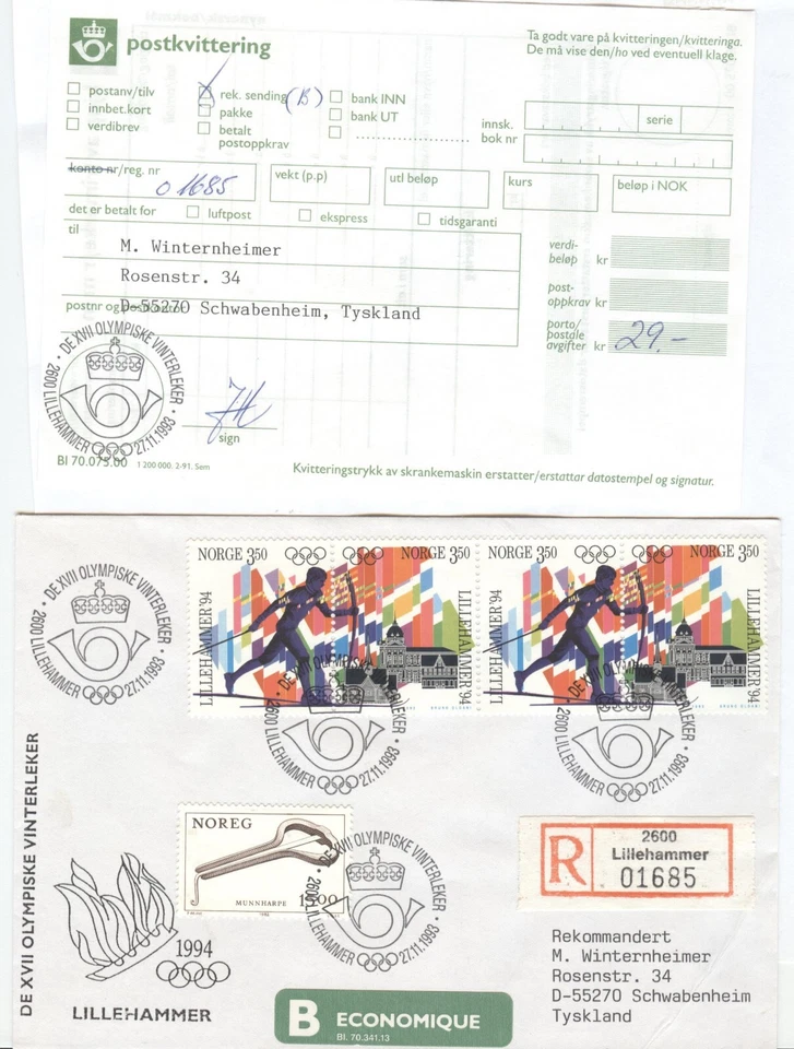 Norway Olympic Games Lillehammer 1994 cover with First Day cancel 27 11 1993 - Image 1 of 1