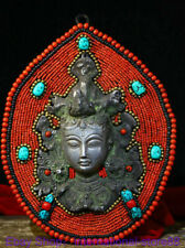 12" Old Tibetan Silver Coral Beads Handwork Kwan-yin Guan Yin Head Screen Tangka