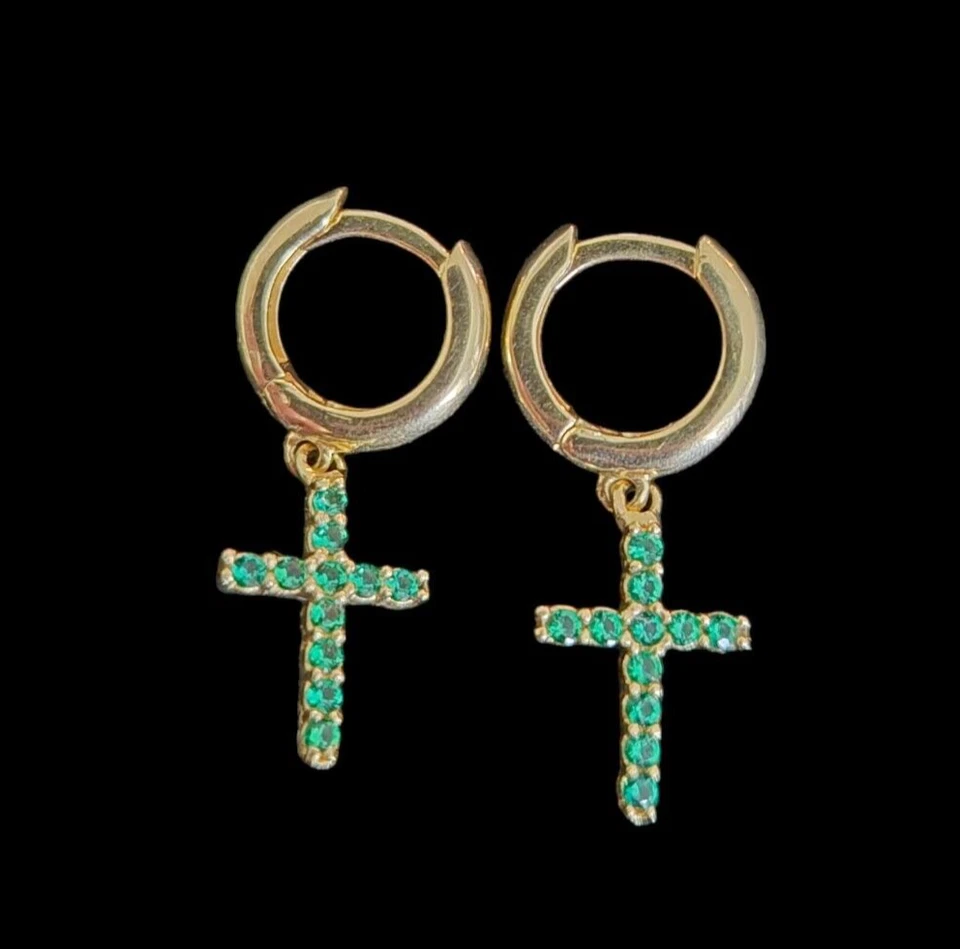18K Yellow Gold Cross Hoop Earrings, 2.75g, 2.5cm, Green Zircons - Image 1 of 4