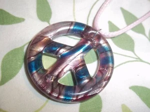 Glass Blue, Black, Purple and Silver PEACE SIGN on PINK Cord Necklace C-23 - Picture 1 of 3
