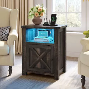 End Table with Charging Station & LED Light Nightstand Bedside Table Living Room - Picture 1 of 10