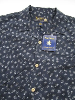 Mens XL Nat Nast 100% Silk Bowling Shirt SS button navy blue - Image 1 of 4
