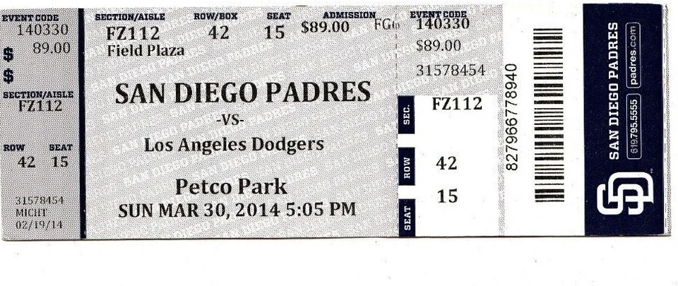 2014 SAN DIEGO PADRES VS LA DODGERS TICKET STUB OPENING DAY 3/30/14 - Image 1 of 1