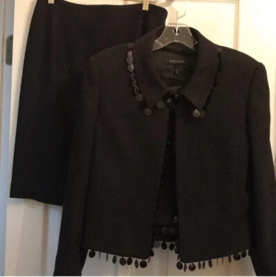 Traje Escada Designer 3 piezas Vintage Negro 40 Chaqueta Shell Falda Lentejuelas Mezcla de Lana Foto 1 de 4