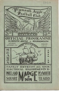 PLYMOUTH ARGYLE V BOURNEMOUTH ~ 27 SEPTEMBER 1958 ~ 3RD DIVISION PROGRAMME - Picture 1 of 1