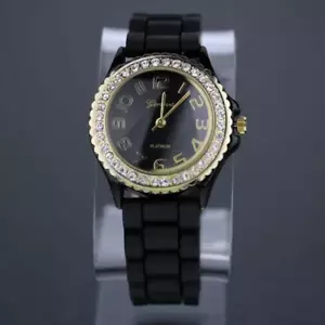 Reloj para mujer Geneva negro estrás acentuado con eslabones de silicio - Imagen 1 de 1