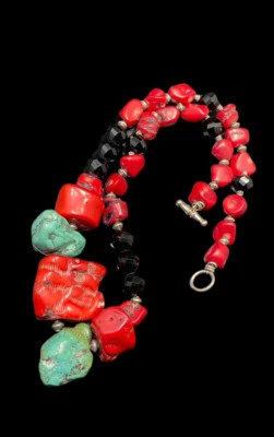Necklace Turquoise and Coral Statement Necklace Heavy 925 Toggle  25.5 “ Fine - Image 1 of 4