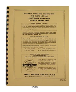 Sears Craftsman 113.29410 Accra-Arm 10 inch Radial Saw Op & Parts Manual #1509 - Picture 1 of 5