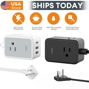 Thin Flat Plug Power Strip with USB 3 Outlet Slim Cord Portable for Travel Ship - Picture 1 of 18