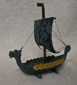 Norse Viking Ship Iron Miniature Model w/Copper Brass Norway Vintage - Picture 1 of 6