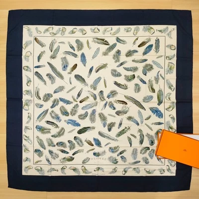 HERMES Carre 140 PLUMES Cashmere Silk Wrap Shawl Navy blue Henri de Linares - Image 1 of 4