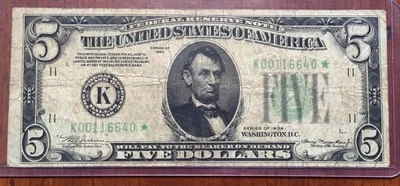 1934 $5 *Insanely Rare* Dark Green Seal NON-MULE Dallas STAR FRN Fr 1956-K* - Image 1 of 4