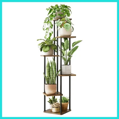 Water-Resistant Tall Plant Stand - 6-Tier Corner Shelf in Brown Oak - Image 1 of 4