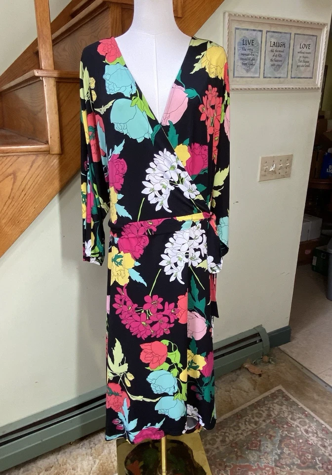 Roaman's Womens Sz 22/24 Faux Wrap Maxi Dress Flowy Black Floral Cottagecore - Image 1 of 4