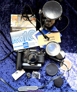 Olympus OM-10 35mm SLR Film Camera w/ Marco Lens & Extras UNTESTED