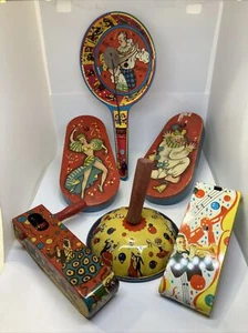 ๐ 6 VTG Tin/Metal Litho Graphic Party Noise Makers US Metal Toy Co /T Conn Inc - Picture 1 of 23