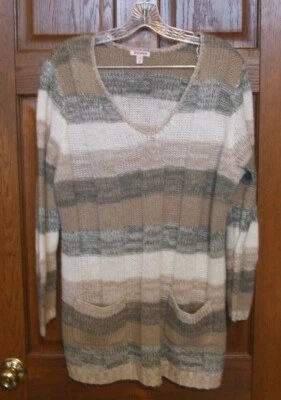 Bongo Plus Beige, Gray & Cream Striped Tunic Sweater w/Front Pockets - Size 2X - Image 1 of 2