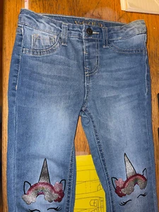 V. GOLD size 6 GIRLS JEANS adj. waist 2 pockets no zipper UNICORN DESIGN - Picture 1 of 9