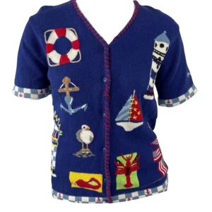 Quacker Factory Nautical Cardigan Sweater Size 1X Blue Lobster Lighthouse New - Picture 1 of 9