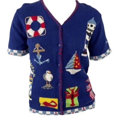 Quacker Factory Nautical Cardigan Sweater Size 1X Blue Lobster Lighthouse New - Image 1 of 4
