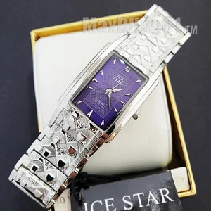 Men's Watch Luxury Silver Finish Square Purple Dial Wrist Bling Metal Fashion - Picture 1 of 4