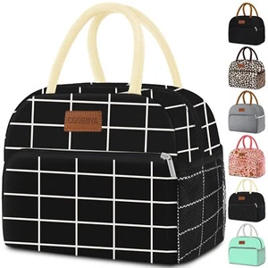 Black Plaid Lunch Tote Bag Large Insulated Cooler for Work Office Picnic Travel - Picture 1 of 8