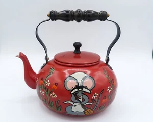 Vintage Kitschy Hand Painted Aluminum Red Teapot Anthropomorphic Mouse SIGNED - Picture 1 of 19